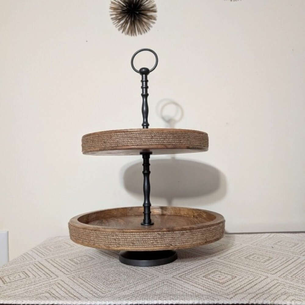 Two-Tiered Wooden Stand with Black Metal Handle 12" and 10"